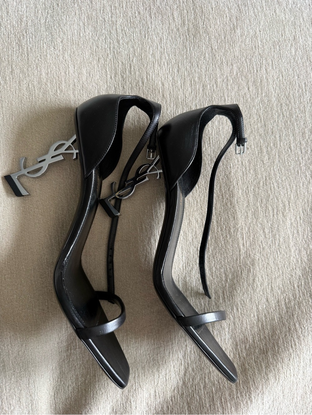 Saint Laurent Black Leather Sandals with Silver YSL Logo Heels - Picture 4 of 8